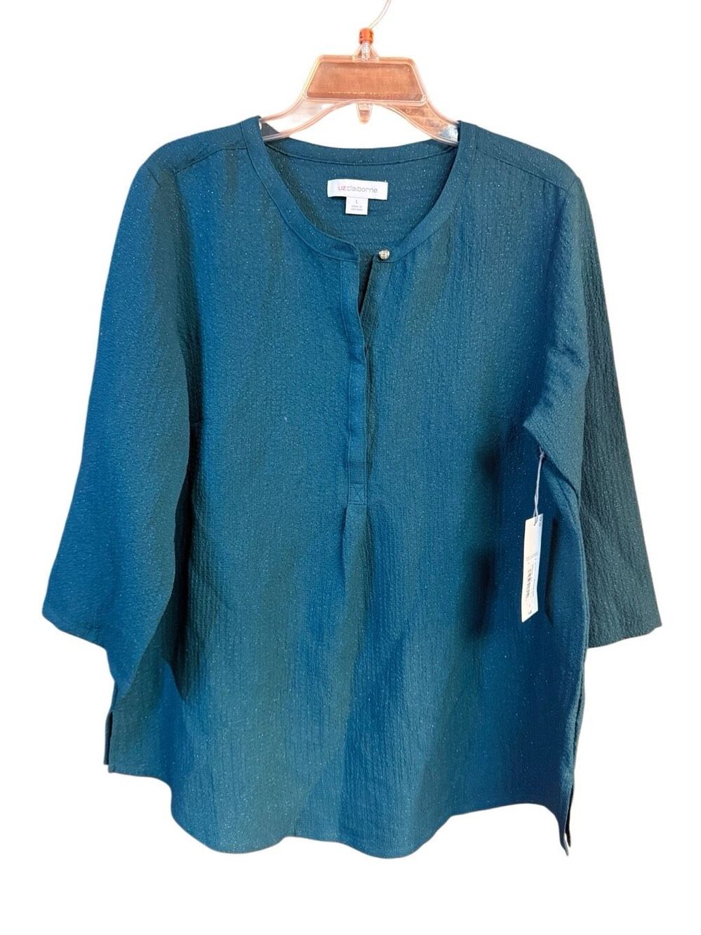 Liz Claiborne blouse crinkle texture/simple split neckline Deep Teal three-qua